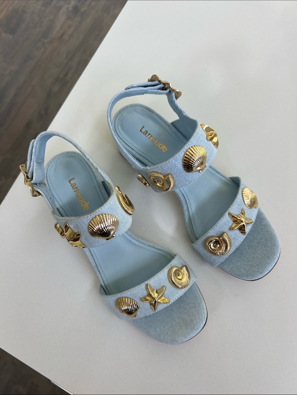 Larroude madison block light blue denim maya heels open toe sandals gold 6 - Picture 7 of 16